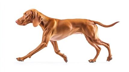 Hungarian Vizsla dog in motion, walking confidently in a studio setting, isolated on white, emphasizing its athletic and elegant frame