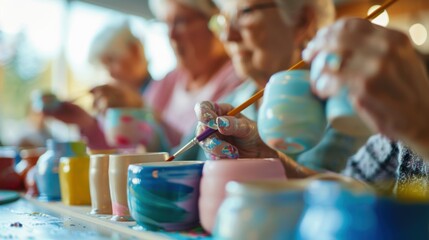 Elderly women having fun painting vibrant clay pots during a pottery class