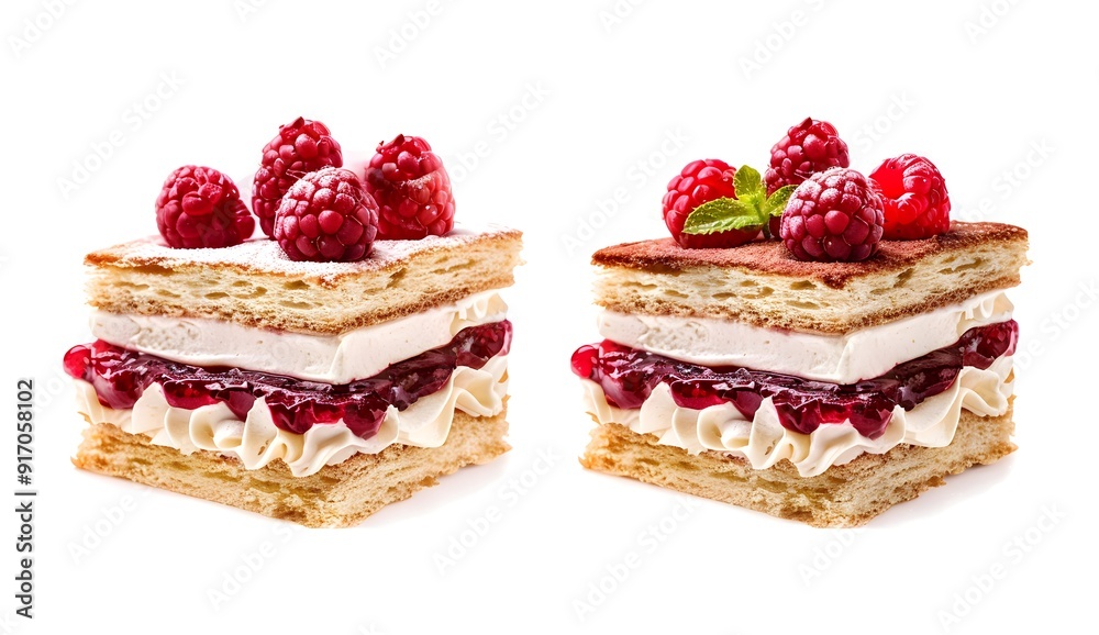 Sticker delicious raspberry cake slice isolated on white background