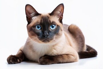 Adorable Siamese cat lying down, isolated on white or transparent background, top view, with vibrant fur and piercing eyes, ready for design integration.