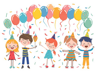 Fototapeta premium A group of children are celebrating a birthday party with balloons and streamers. Creating a joyful and festive atmosphere. Children hand drawing style on a white background. 