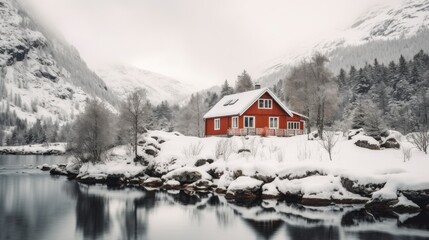 Fototapeta premium Red Cabin in Winter Wonderland