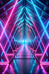 Fototapeta premium Futuristic Neon Tunnel. Glowing Pink and Blue Geometric Shapes in 3D.