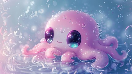 super kawaii sea creature, glistening large eyes, low detail, bold outline, no shading, pastel soft colors, lies and pinks