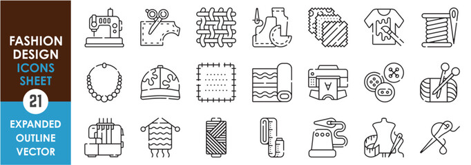 A set of line icons related to Fashion Design. Fashion, t-shirt, shirt, male, female, fabric, cut, cap, print, knit and so on. Vector outline icons set.
