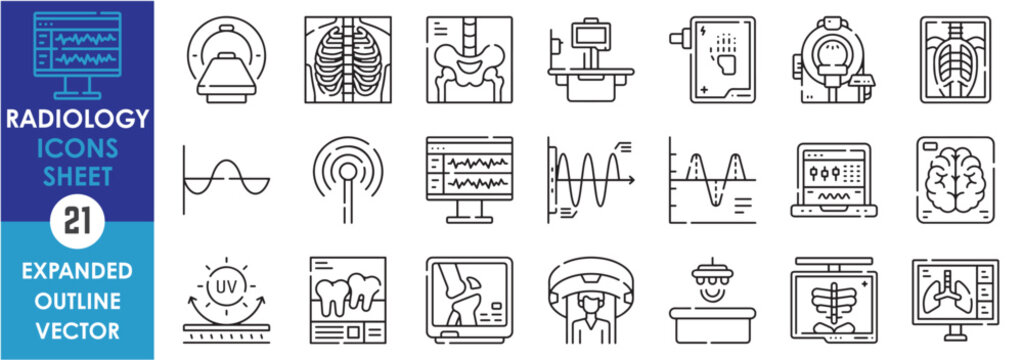A set of line icons related to Radiology. X-ray, radio, waves, rays, bones, health, ct scan, and so on. Vector outline icons sets.