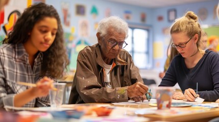 Diverse group of people of all ages happily painting together in an art therapy session, fostering togetherness and mental well-being