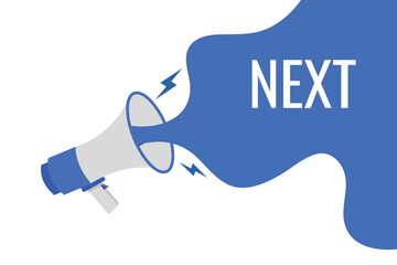 next button, banner, label, template for website. next text with colorful megaphone icon
