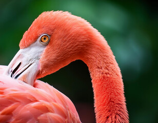 Close-up of a common flamingo's head and neck against a nature background