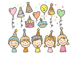 Fototapeta premium A group of children are celebrating a birthday party with balloons and streamers. Creating a joyful and festive atmosphere. Children hand drawing style on a white background. 