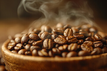 Aromatic Roasted Coffee Beans in Wooden Bowl

