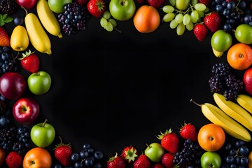 Fruits and berries on a black background with space for text.