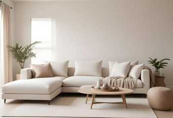 Fototapeta premium A minimalist living room with a white sofa, soft beige throw blankets, and a neutral color palette.