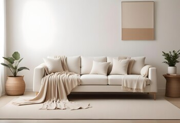 A minimalist living room with a white sofa, soft beige throw blankets, and a neutral color palette.