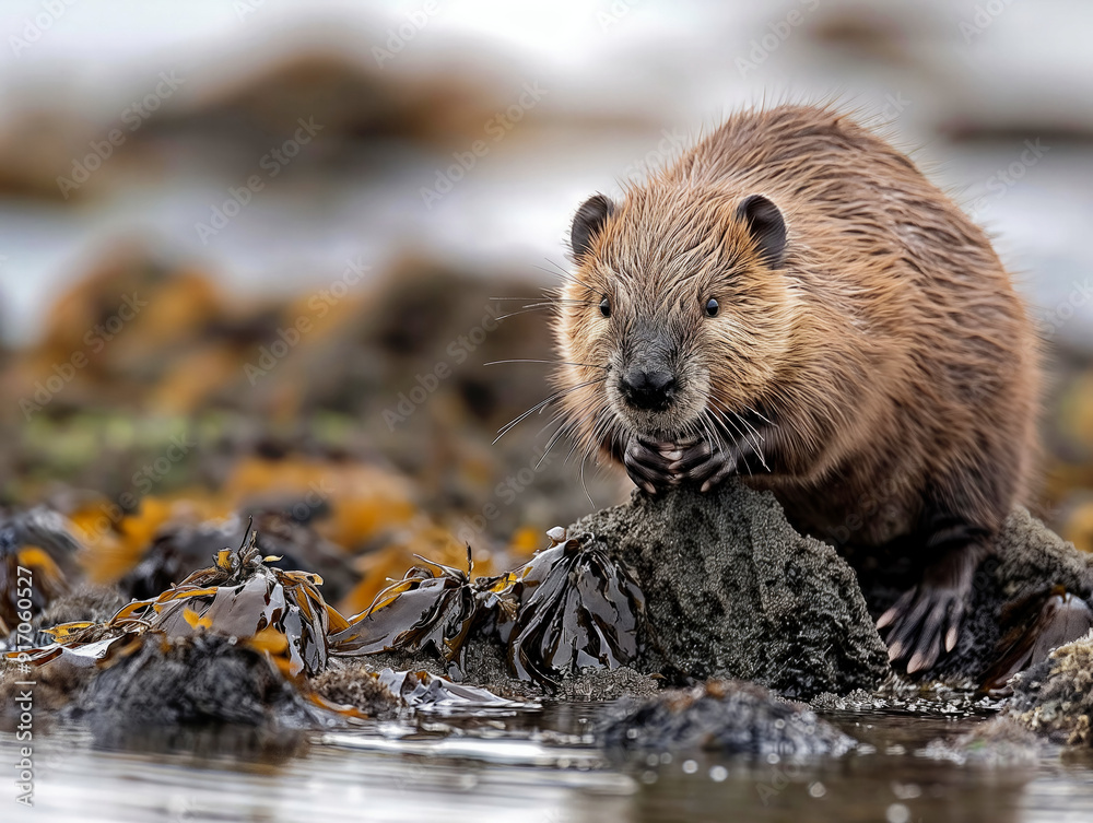 Canvas Prints A small brown animal with a long snout is standing on a rock near a body of water