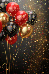 Black Friday Celebration With Red, Gold, And Black Balloons And Confetti