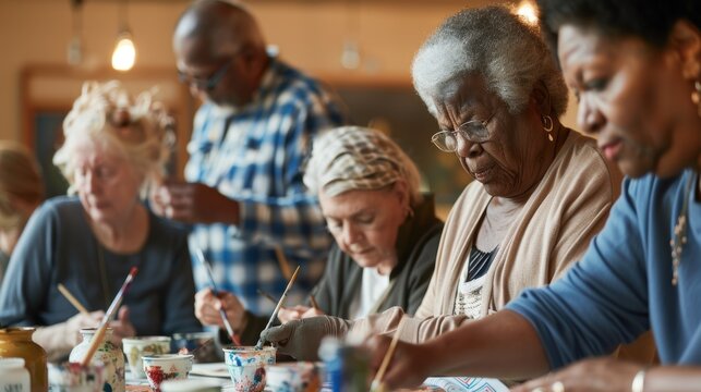 Senior individuals focus on painting colorful designs on pottery during a group art class