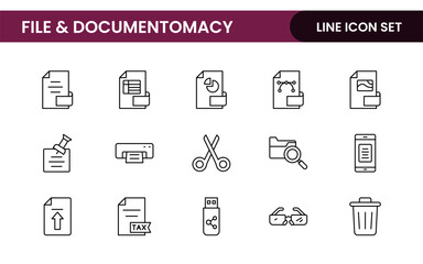 Document outline icons. Document icon set. Set of outline icons related to document, files, message, security. Linear icon collection.