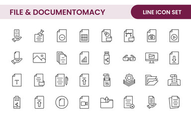Document outline icons. Document icon set. Set of outline icons related to document, files, message, security. Linear icon collection.