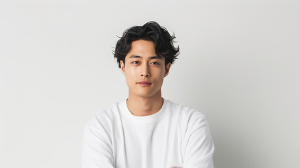 Obraz premium Portrait of a young trans masculine Asian man with medium-length, wavy hair, wearing a casual white shirt, standing against a bright, plain background, reflecting confidence and a modern style.