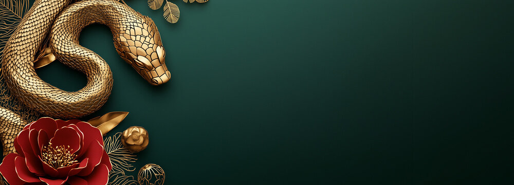 Luxury red and gold chinese snake new year background with copy space for text, snake year 2025, 2025 chinese new year, greeting cards and banners