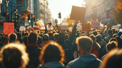 A large crowd of people gathered for a protest, holding signs and banners in the city streets