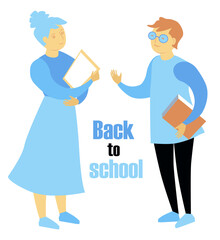 Back to school vector illustration on a separate background. Teachers with books in their hands are talking affably in various poses. School characters.