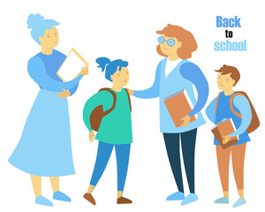 Back to school vector illustration on a separate background. Teachers and children in various poses. School characters. Students communicate with teachers with positive emotions.
