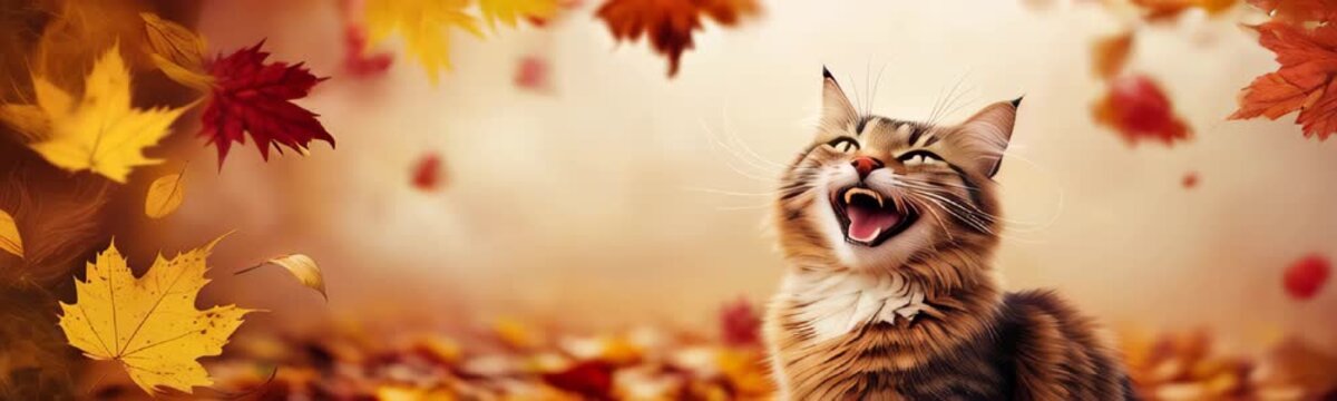 Cat and autumn. Autumn season. Happy cat with open mouth against the background of the autumn forest with maple leaves. Copy space template web banner