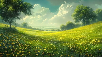 Obraz premium Scenic view of a spring meadow dotted with buttercups and clover, creating a lush,