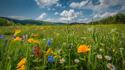 Scenic view of a spring meadow dotted with colorful wildflowers like buttercups and bluebells