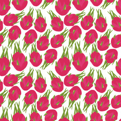 Seamless pattern ripe dragon fruit, pitahaya, pitahaya, long yang on white background - vector color flat illustration for packaging, textile, wallpaper