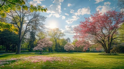 Scenic view of a spring park with blooming dogwood and magnolia trees,