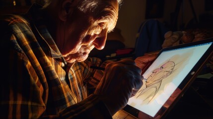 Obraz premium Mature male artist focused on creating a digital caricature on a tablet with a stylus during the evening