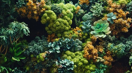 Green forest decorative persistent moss, trees of different colors, succulents as background, Ai generation