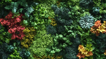 Green forest decorative persistent moss, trees of different colors, succulents as background, Ai generation