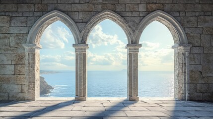 Historic medieval stone arched windows with romantic view of sea or ocean, summer landscape background. Generation of Ai