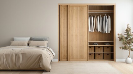 Minimalist bamboo wardrobe with sliding doors, ecofriendly bedroom furniture, sustainable materials, natural finish, neutral background, organized and tidy space
