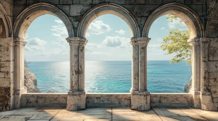 Historic medieval stone arched windows with romantic view of sea or ocean, summer landscape background. Generation of Ai