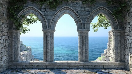 Obraz premium Historic medieval stone arched windows with romantic view of sea or ocean, summer landscape background. Generation of Ai
