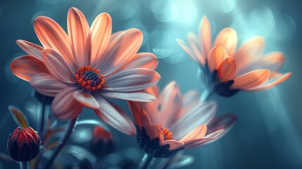 Fototapeta premium Vivid spring meadow with daisies and wildflowers under the sun s rays on lush green grass