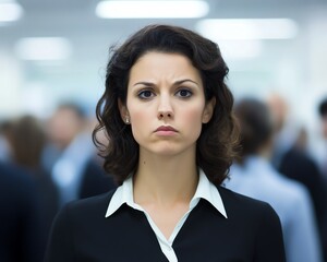 A businesswoman in a crowded office space