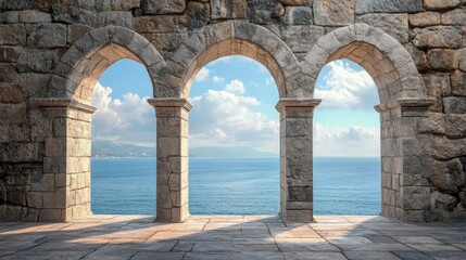 Historic medieval stone arched windows with romantic view of sea or ocean, summer landscape background. Generation of Ai