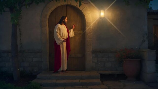 Jesus Christ is knocking on the door of the house, christian background, motion loop