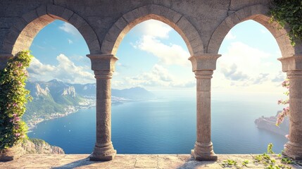 Historic medieval stone arched windows with romantic view of sea or ocean, summer landscape background. Generation of Ai