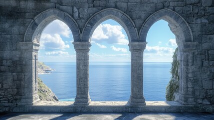 Historic medieval stone arched windows with romantic view of sea or ocean, summer landscape background. Generation of Ai