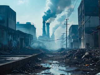 Industrial Ruins Under a Smog-Filled Sky