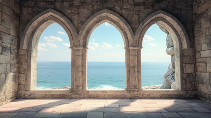 Historic medieval stone arched windows with romantic view of sea or ocean, summer landscape background. Generation of Ai
