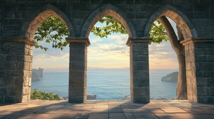 Historic medieval stone arched windows with romantic view of sea or ocean, summer landscape background. Generation of Ai