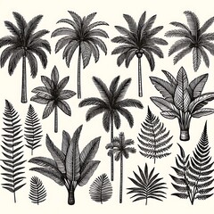 Tropical plant set. Black silhouettes of palm leaves, banana plants, monstera, tropic flowers isolated on white background. Vector flat illustration.
